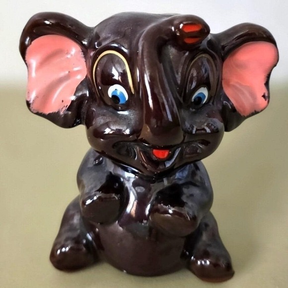 Vintage Redware Ceramic Elephant Piggy Bank 1950s Glazed Brown Made in Japan - Picture 1 of 5